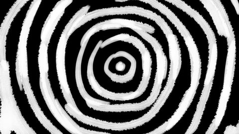 Phychedelic animation of white brush stroke circles growing bigger on black background. Stop motion effect. Seamless loop. 