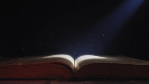 The moonlight falls down on the opened book.