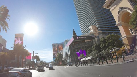 December 2019, Las Vegas, Nevada, USA: Car point of view, vehicle driving along Las Vegas strip during day time 