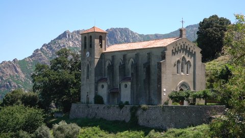 View of a church in Cuttoli-Corticchiato, a commune in the Corse-du-Sud department of France on the island of Corsica