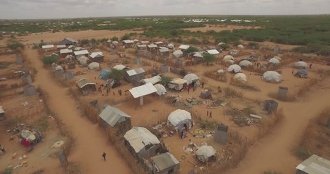 Aerial of huts, tents, and homes in refugee camp in Dadaab, Kenya in East Africa