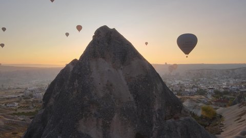GOREME, TURKEY - NOVEMBER 17, 2020. Cappadocia, Turkey : Balloons in the sky. Aerial view