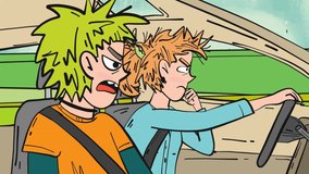 Quarrel in the moving car, comic cartoon animation inside view