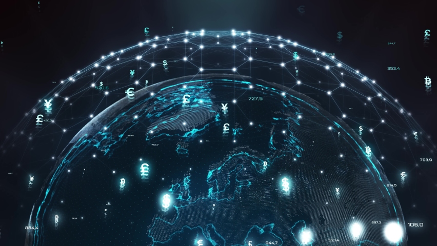 Earth spinning with currency icons and numbers. Digital money. Business background