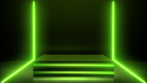 3D Rendering footage of square pedestal with copy space for product placement. Green Neon light composition with line animation on an empty square pedestal or podium for presentation