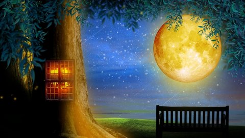 beautiful yellow moon at night through trees and leaves, night fantasy, loop animation background.