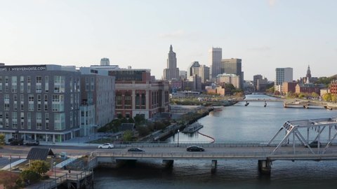 Providence , Rhode Island , United States - 10 10 2020: Providence, Rhode Island Oct 2020 - Aerial view of the city skyline looking down the river to the city center