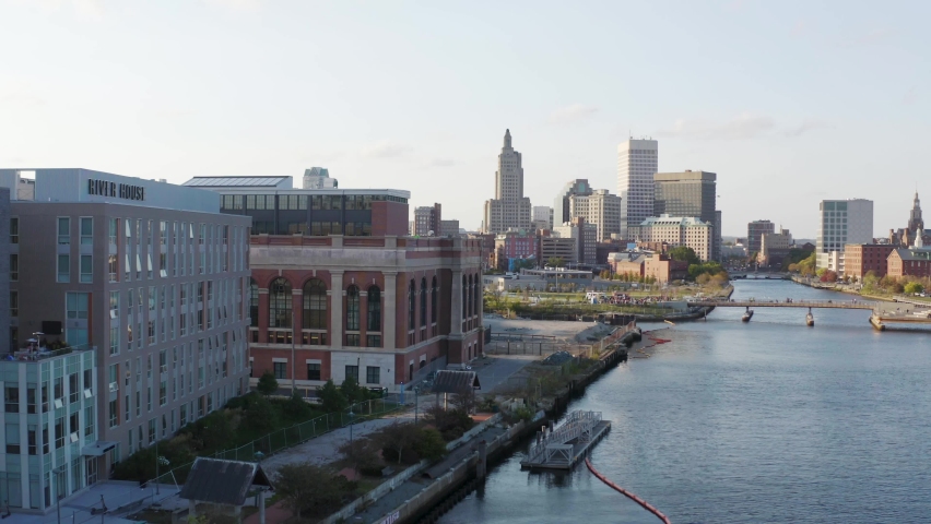 Ascending aerial view of Providence Rhode Island city center and downtown financial district
