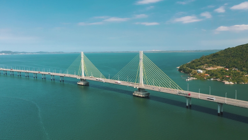 Amazing panoramic aerial shot Anita Garibaldi bridge above the turquoise color ocean, located in Laguna, Santa Catarina, Brazil
