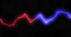 Red and blue lightning bolts of electrical current moving wildly across black background. energy, nature, electricity, light and movement concept, digitally generated video.