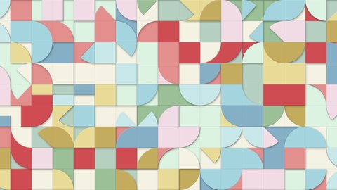 Geometric pattern loop. Circles, squares animation. Modernist abstract background. Bauhaus Design style. Pastel colours - pink, red, blue, green, yellow, cream, mustard.