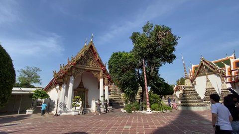 Bangkok, Thailand-Jan 20 2021: Only Thai tourists with masks visited a famous temple in Thailand due to COVID-19 pandemic.