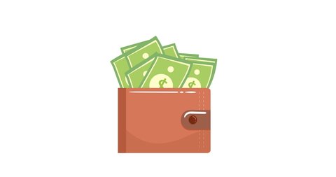 Wallet with stacks paper money cash icon isolated on white background. Purse icon. Cash savings symbol. 4K Video motion graphic animation. Flat Animated Icon. 4k Animated Digital Currency.