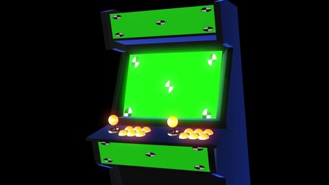 Arcade game 3D mockup for compositing retro render. 80s and 90s element for background and motion graphic alpha matte and screen editing. Rotation looped fun gaming machine ready to use.