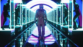 A glowing neon stalker walks through a neon tunnel with sitting zombies in cages. Animation of a tunnel made of glowing tunnel for vj, dj or sci-fi backgrounds. - Powered by Shutterstock - Get 15% off with code: PIKWIZARD15