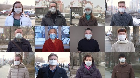 Collage of twelve people of different sex and age. They simultaneously put protective medical masks on their faces.