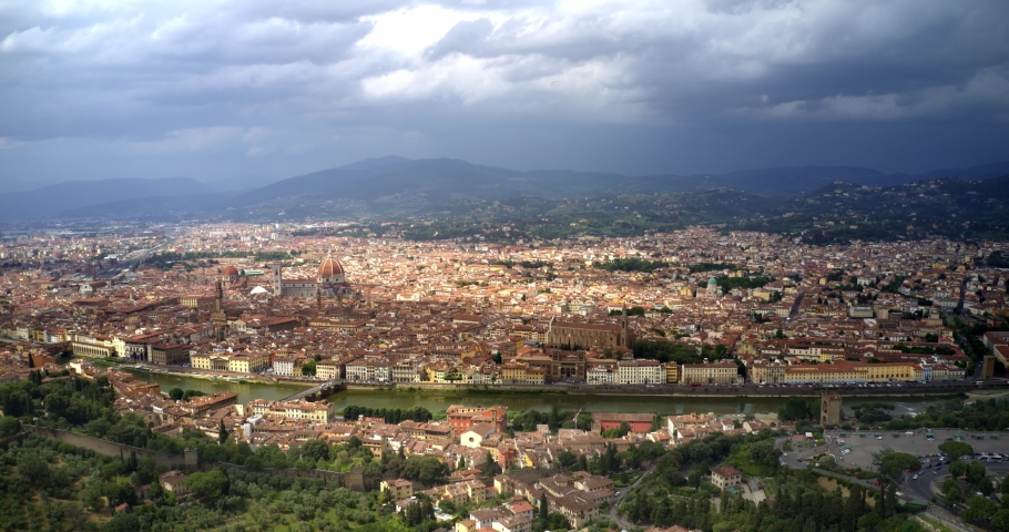 Hyperlapse Aerial View Of Panorama Of Florence, Italy. Beautiful Cityscape, Drone Shot of old city. Cathedral di Santa Maria del Fiore