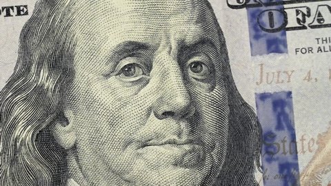 Closeup US 100 dollar stop motion animation and rotation. One Hundred american dollar bill macro, close up. 100 USD bill money background. USD currency cash. United States money fast moving  banknote 