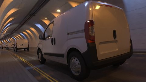 White Mini Vans Moving Inside a Tunnel 3D Rendering