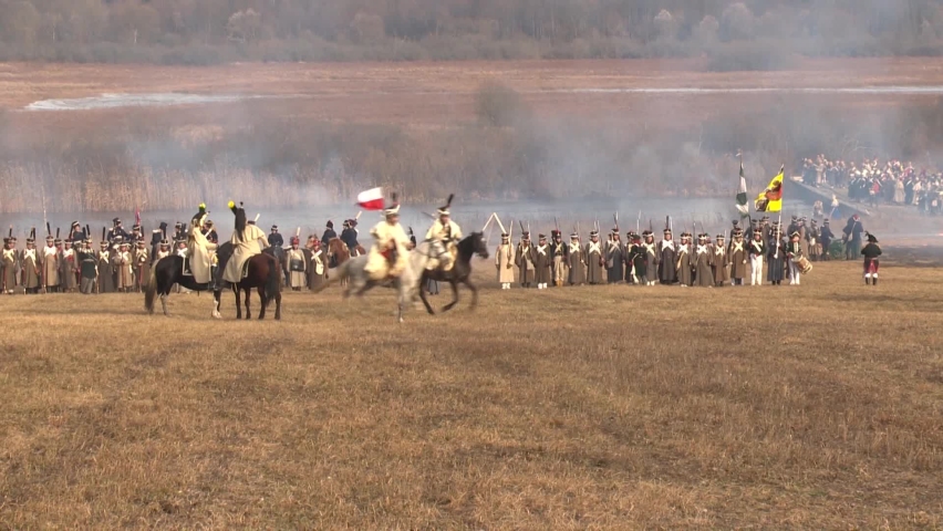  Russian cavalry chasing the French army, which retreats and crosses the bridge over the Berezina River, 