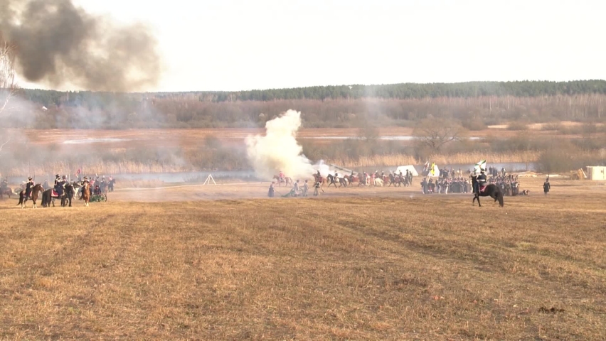  Russian cavalry chasing the French army, which retreats and crosses the bridge over the Berezina River, soldiers firing cannons