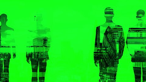 Animation of silhouette businessman cloned walking against london skyline background with glitch and distortion