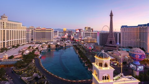 LAS VEGAS, USA - CIRCA JANUARY 2021: Wide angle view of the Las Vegas Strip and city skyline at sunrise, Nevada, USA