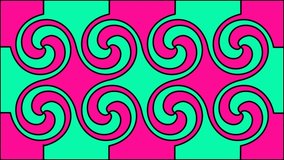 HD 1920x1080 animation video of opened-closed set of 8 black and colors spirals that each have different axis point. Have the same of 4 turns. Spinning counterclockwise. 