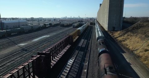 Grain Elevator and Moving Train Aerial Drone Video Clip in Wichita Kansas.