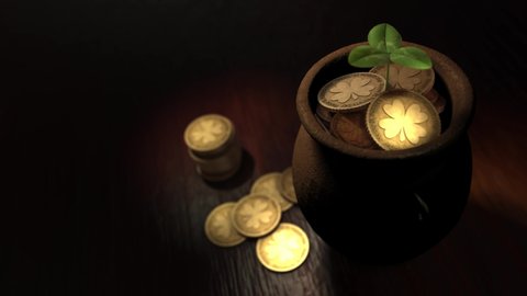 Holidays and st patrick's day concept - coins with Four-leaf clover in a clay pot, with green shamrock