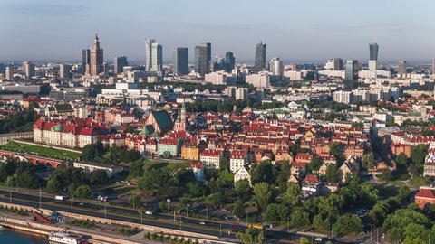 Establishing Aerial View Shot of Warsaw, Old Town and Skyscrapers, Warszawa, Poland, Polska, push in