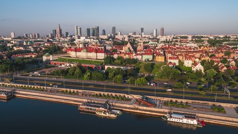 Establishing Aerial View Shot of Warsaw, Warszawa, Poland, Polska, track to the side