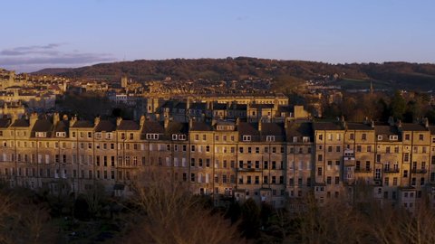 Aerial shot of the royal crescent located in the city of Bath at sunset on a winters day.