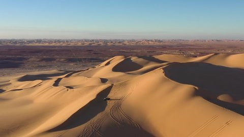 Ghadamis, Libya - December 15, 2020: Aerial view of desert at the Libyan-Algerian-Tunisian border.