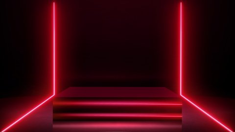 3D Rendering footage of square pedestal with copy space for product placement. Red Neon light composition with line animation on an empty square pedestal or podium for presentation