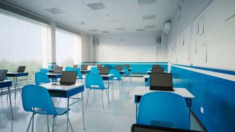 Animation of the empty modern classroom. Rows of desks with laptops and chairs. Teaching class without students during a coronavirus outbreak. Education during COVID-19. School closure.Bright light