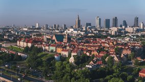 Establishing Aerial View Shot of Warsaw, Warszawa, Old Town and City in background, Poland, Polska