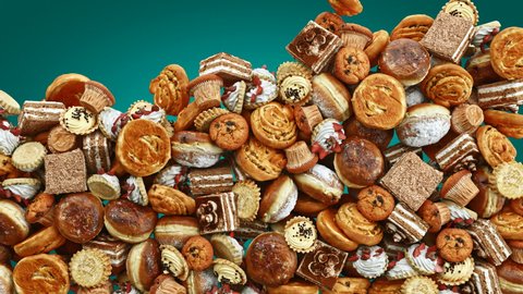 Falling Down of Different Kind of Delicious Sweets, Biscuits, Donuts and Cakes on Teal Background. Sweet Food or Junk Food concept. Professional Cinematic 4K 3d animation.