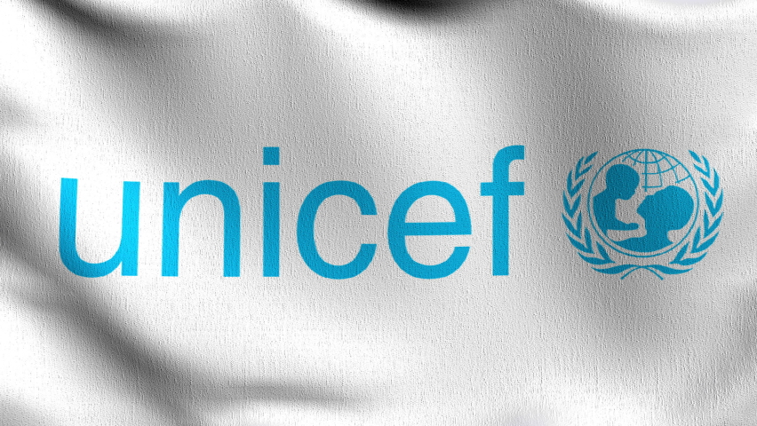 Seamless Loop 4K VDO. Flag of UNICEF, The United Nations Children's Fund, agency responsible for providing humanitarian and developmental aid to children worldwide. 3D illustration of waving sign. Royalty-Free Stock Footage #1066140559