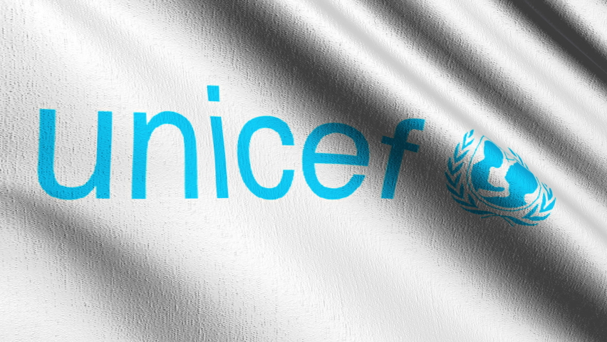 Seamless Loop 4K VDO. Flag of UNICEF, The United Nations Children's Fund, agency responsible for providing humanitarian and developmental aid to children worldwide. 3D illustration of waving sign. Royalty-Free Stock Footage #1066140562