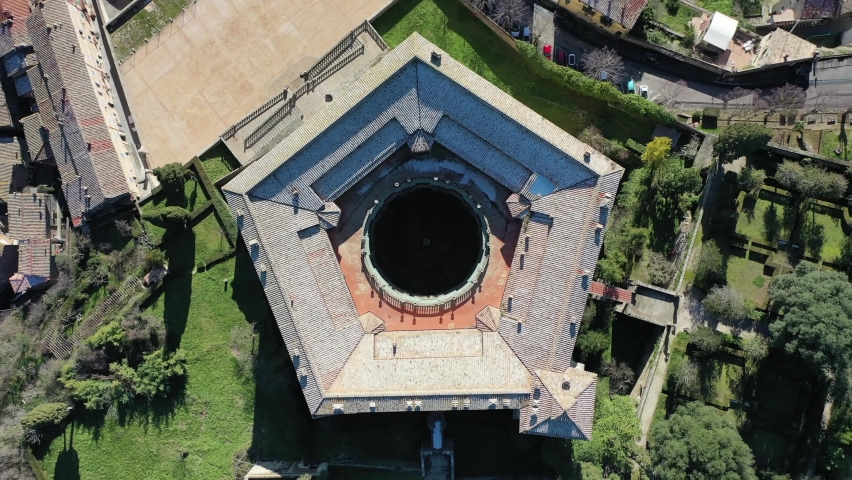 The Villa Farnese (in Italian Palazzo Farnese), a palace in the town of Caprarola near Viterbo
Aerial view in 4k, of the famous Palazzo Farnese and over Caprarola.