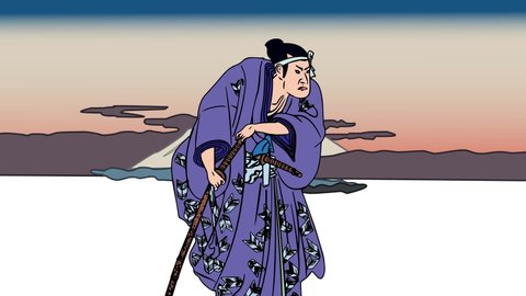 A 2d animation in Japanese engraving style Ukiyo e. A samurai walks around holding his katana sword, in the background Mount Fuji. 10 seconds long.
