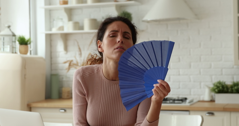 Irritated young caucasian woman using paper fan, blowing fresh air, suffering from hot summer weather or high temperature in kitchen without air conditioner, while working on computer from home. | Shutterstock HD Video #1066149856