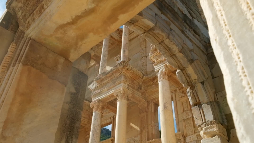 Celsus Library in ancient city Ephesus, Anatolia in Selcuk, Turkey. Slow motion steadicam shot Royalty-Free Stock Footage #1066150078