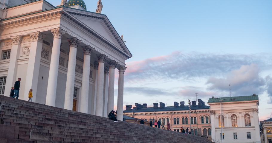 A 4K timelapse of the front of the Helsinki Cathedral in the capital of Finland, Helsinki, on an autumn evening in October.