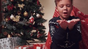 The boy blows the snow into the camera and it flies in different directions. Slow motion. Christmas tree decorated with balloons and toys.