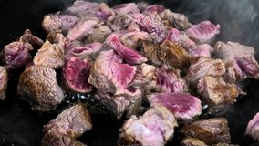 Frying meat on pan in slow motion video clip.Delicious beef fillet being fried for dinner at home kitchen