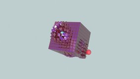 Cube rotating 3d footage. Isometric block assembly motion. Cube parts moving and shifting isolated on blue background rendering animation. Geometric shape construction looped video.