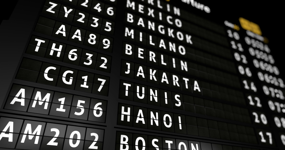 3D generated animation, analog flight information display board with the arrival city of Seattle, 4 different animations