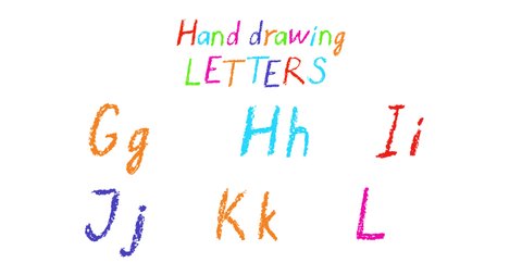 Kids hand drawn animated alphabet letters G, H, I, J, K, L. Doodle crayon, chalk or pencil stroke font for text. Cartoon multicolor funny child writes letters. Alpha channel isolated transparency 4K